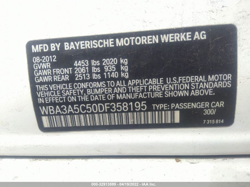 2013 BMW 3 SERIES 328I WBA3A5C50DF358195