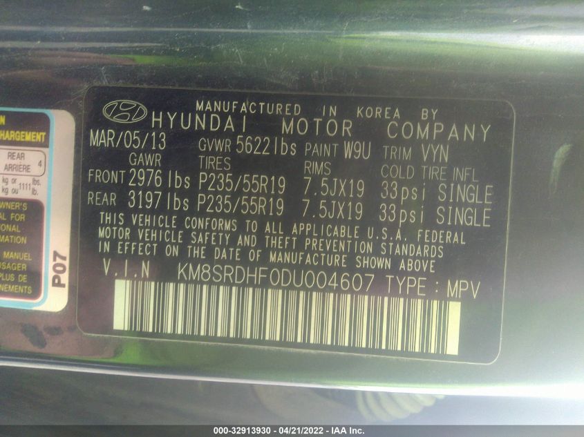 2013 HYUNDAI SANTA FE LIMITED KM8SRDHF0DU004607
