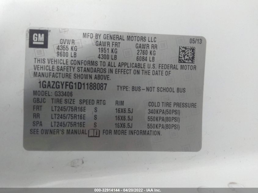 2013 CHEVROLET EXPRESS PASSENGER LT 1GAZGYFG1D1188087
