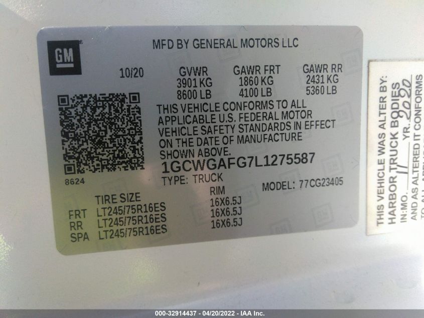 2020 CHEVROLET EXPRESS CARGO VAN 1GCWGAFG7L1275587