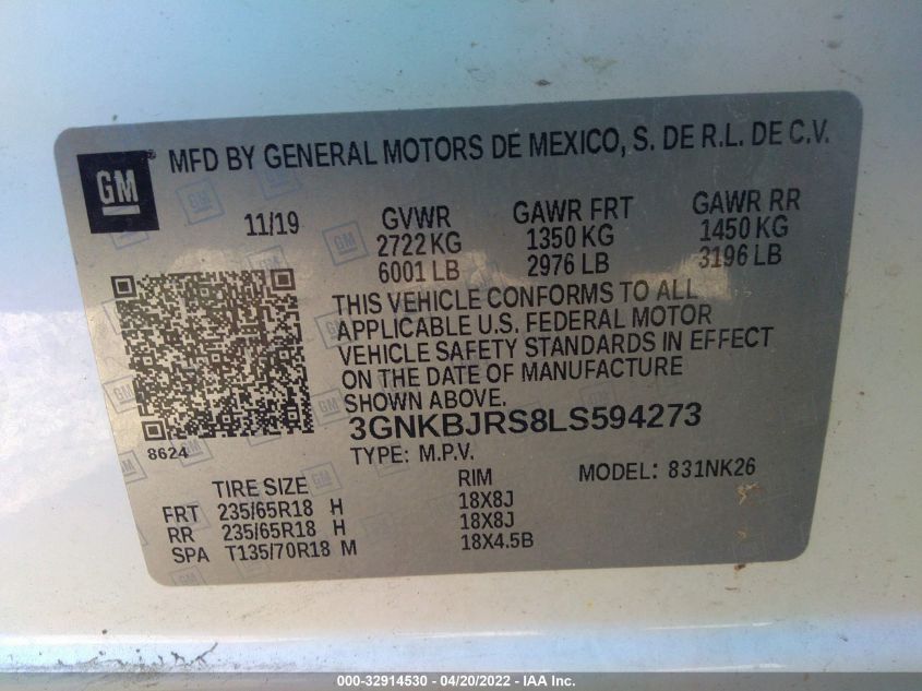 2020 CHEVROLET BLAZER LT 3GNKBJRS8LS594273