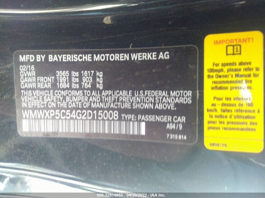 2016 MINI COOPER HARDTOP WMWXP5C54G2D15008