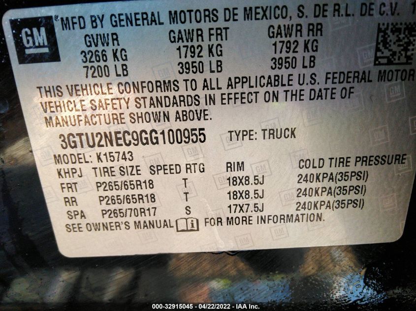 2016 GMC SIERRA 1500 SLT 3GTU2NEC9GG100955