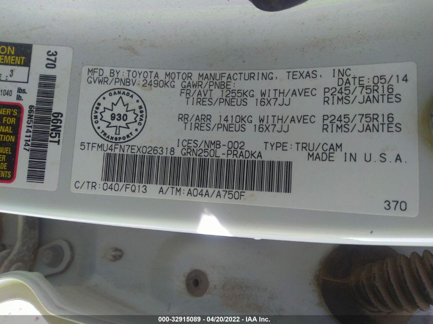2014 TOYOTA TACOMA 5TFMU4FN7EX026318