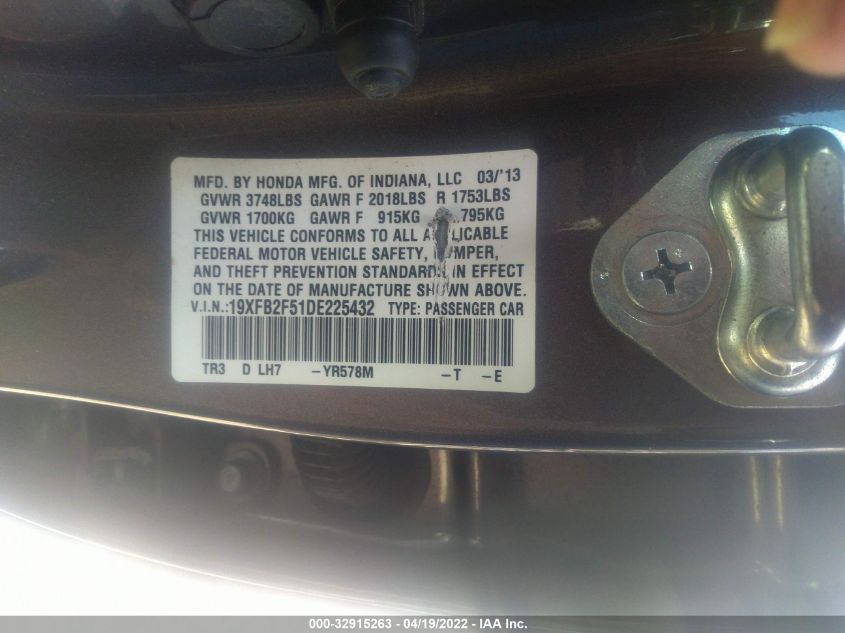 2013 HONDA CIVIC SDN LX 19XFB2F51DE225432