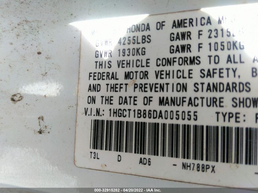 2013 HONDA ACCORD CPE EX-L 1HGCT1B86DA005055