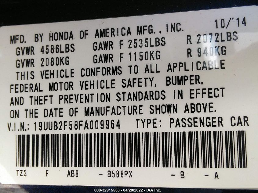 2015 ACURA TLX V6 TECH 19UUB2F58FA009964