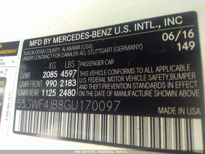 2016 MERCEDES-BENZ C-CLASS C 300 55SWF4JB8GU170097