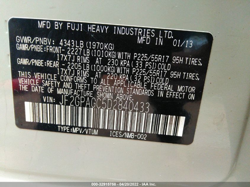 2013 SUBARU XV CROSSTREK LIMITED JF2GPAGC5D2840433