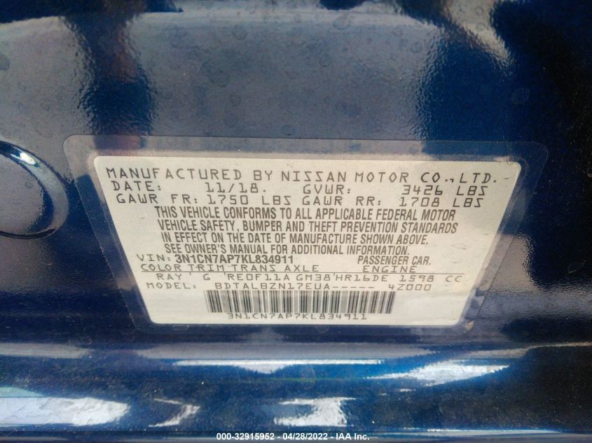 2019 NISSAN VERSA SEDAN SV 3N1CN7AP7KL834911