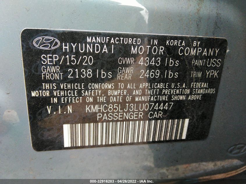 2020 HYUNDAI IONIQ ELECTRIC LIMITED KMHC85LJ3LU074447