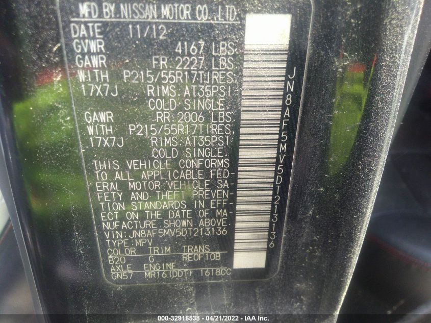 2013 NISSAN JUKE SL JN8AF5MV5DT213136