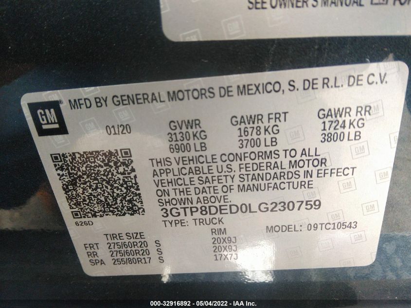 2020 GMC SIERRA 1500 SLT 3GTP8DED0LG230759