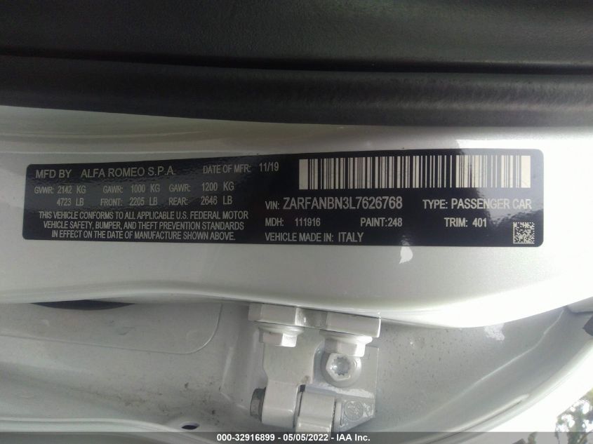 2020 ALFA ROMEO GIULIA TI SPORT ZARFANBN3L7626768