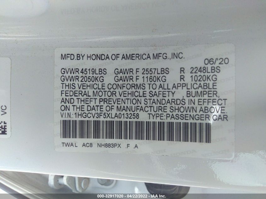 2020 HONDA ACCORD HYBRID EX-L 1HGCV3F5XLA013258