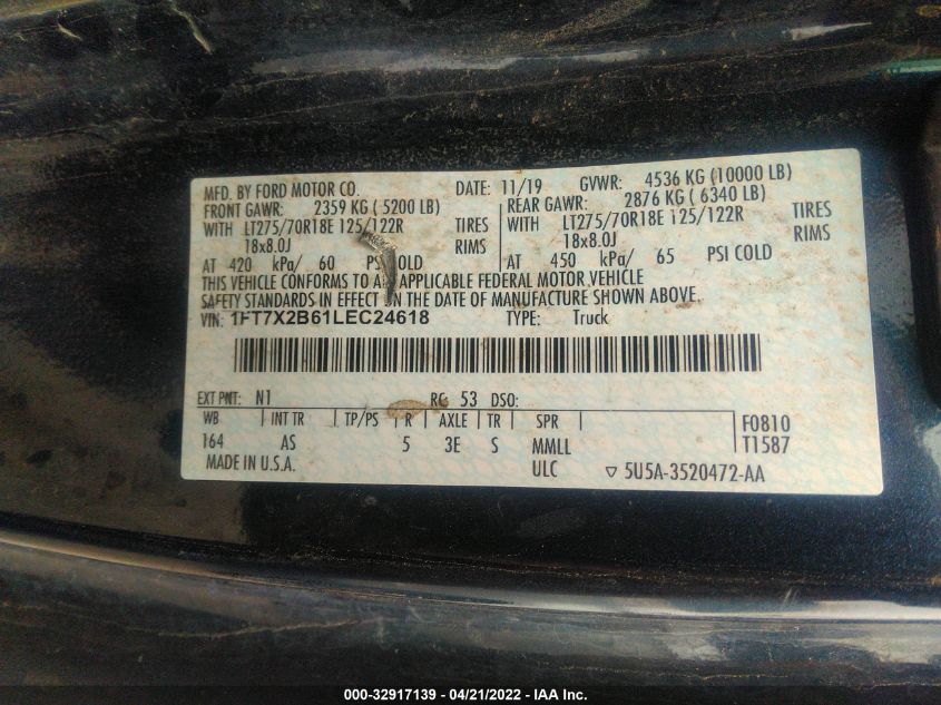 2020 FORD SUPER DUTY F-250 SRW XL/XLT/LARIAT - 1FT7X2B61LEC24618