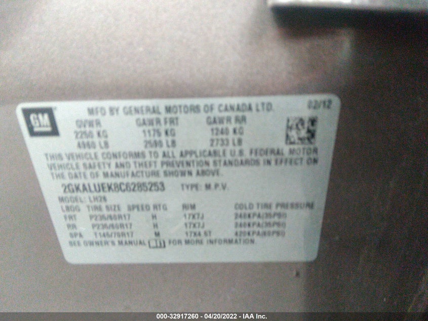 2012 GMC TERRAIN VIN: 2GKALUEK8C6285253