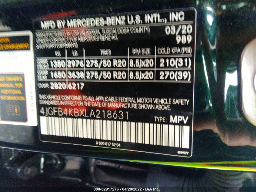 2020 MERCEDES-BENZ GLE GLE 350 4JGFB4KBXLA218631