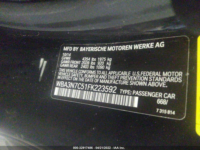 2015 BMW 4 SERIES 428I WBA3N7C51FK223592