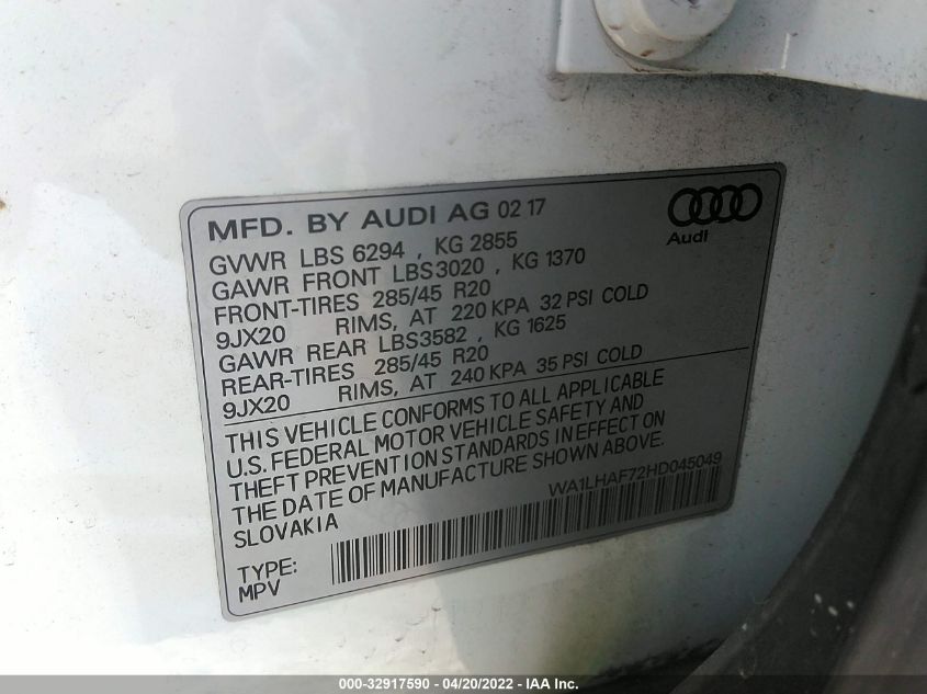 2017 AUDI Q7 PREMIUM PLUS WA1LHAF72HD045049