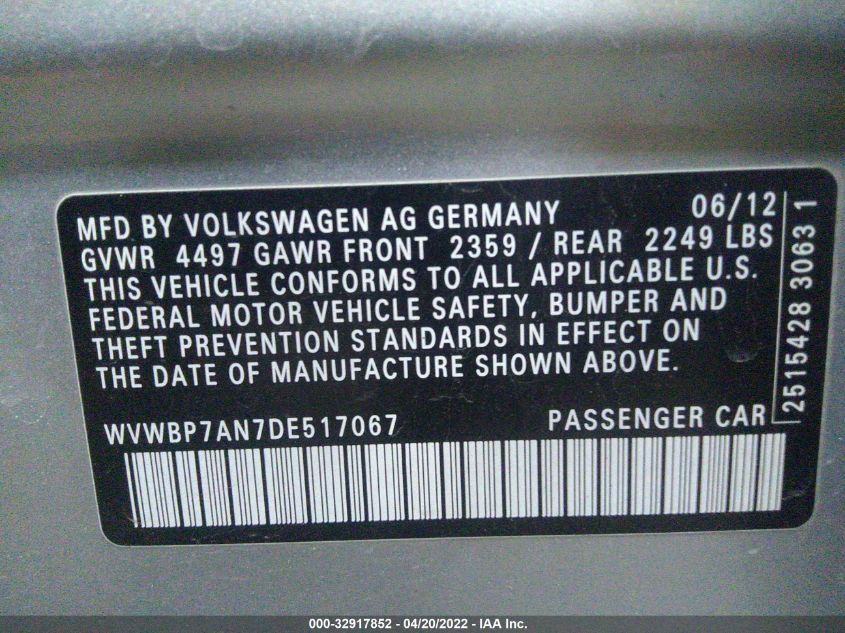 2013 VOLKSWAGEN CC SPORT WVWBP7AN7DE517067