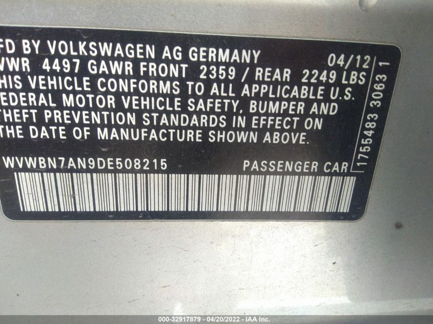 2013 VOLKSWAGEN CC SPORT WVWBN7AN9DE508215