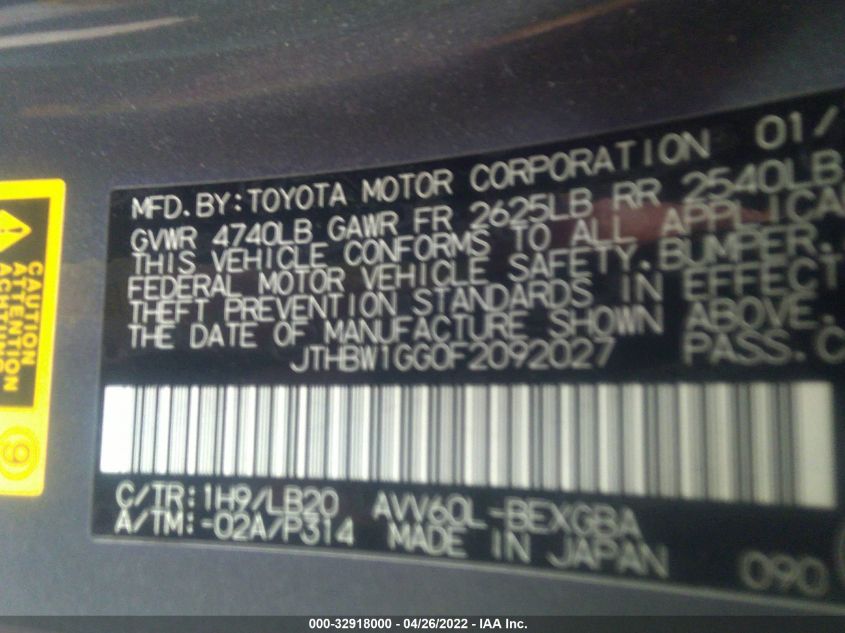 2015 LEXUS ES 300H HYBRID JTHBW1GG0F2092027