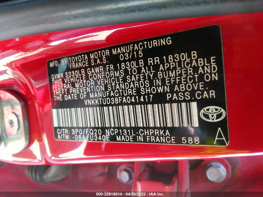 2015 TOYOTA YARIS L/SE/LE VNKKTUD38FA041417
