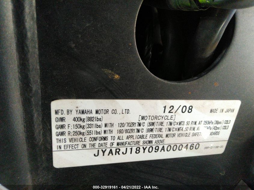 2009 YAMAHA FZ6 R/C JYARJ18Y09A000460