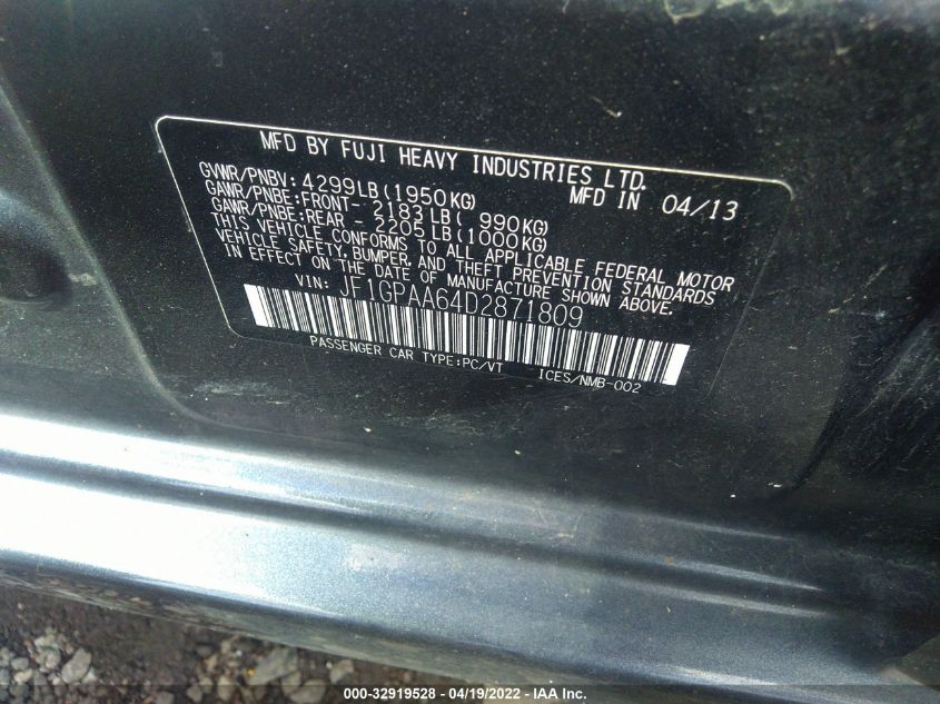 2013 SUBARU IMPREZA WAGON 2.0I JF1GPAA64D2871809