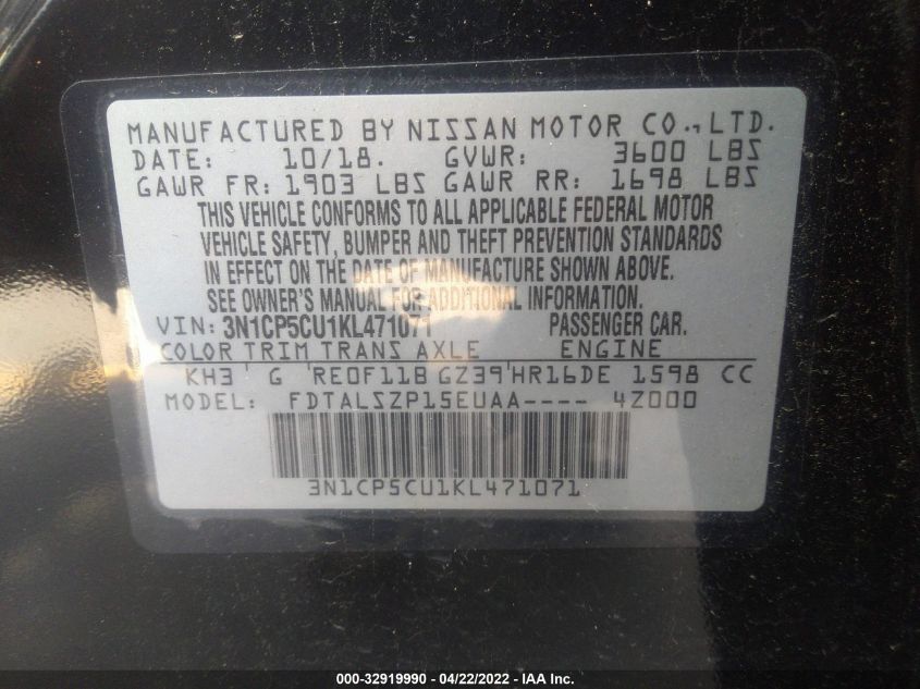 2019 NISSAN KICKS SV 3N1CP5CU1KL471071