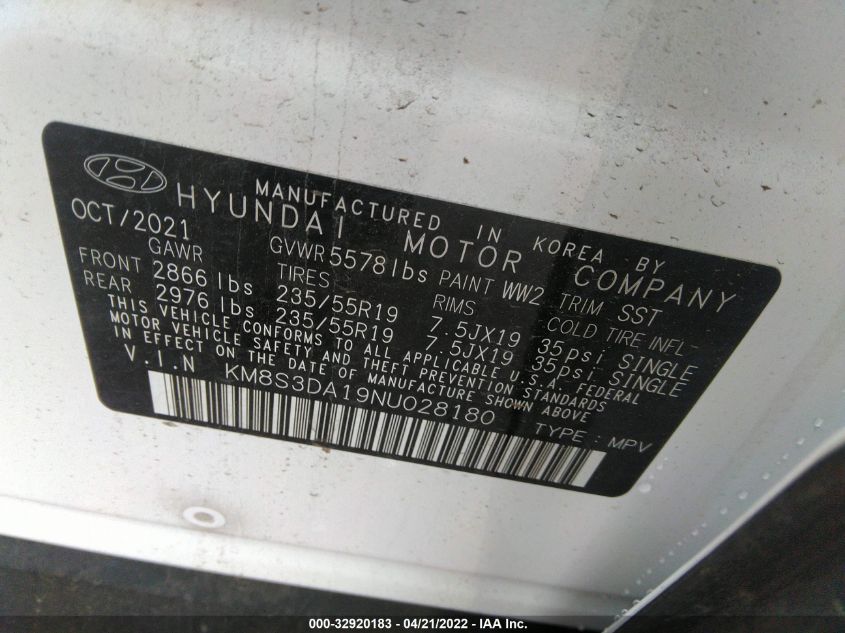 2022 HYUNDAI SANTA FE HYBRID SEL PREMIUM KM8S3DA19NU028180