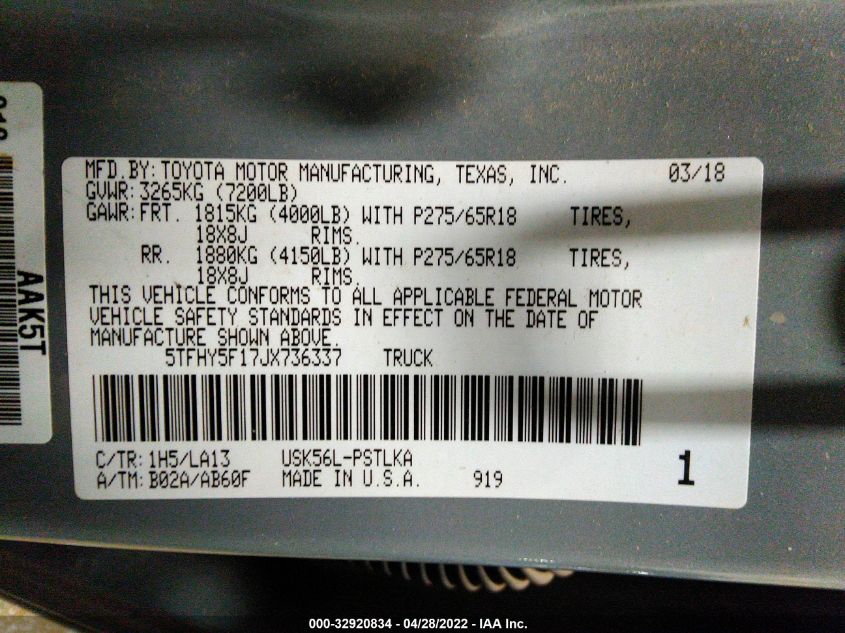 2018 TOYOTA TUNDRA 4WD SR5/LIMITED/PLATINUM 5TFHY5F17JX736337