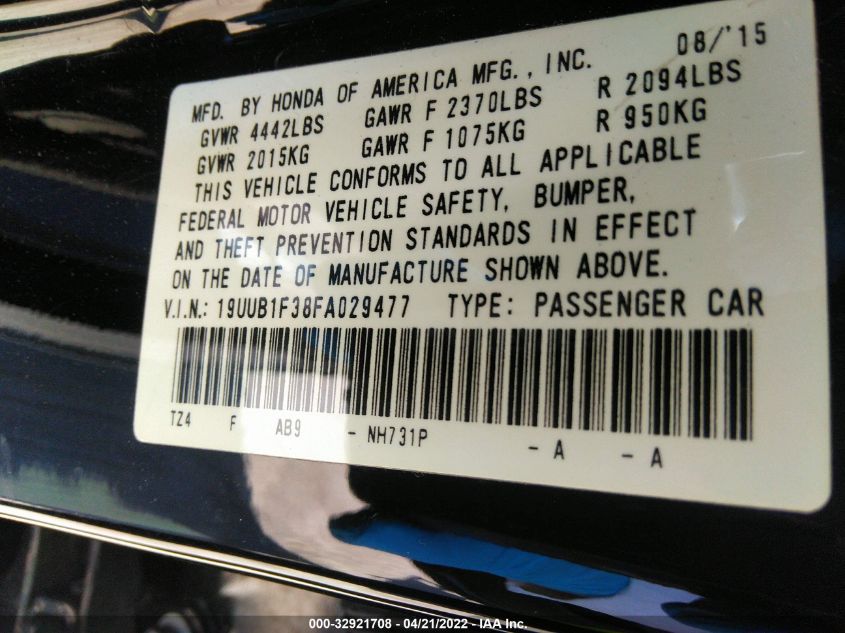 2015 ACURA TLX 19UUB1F38FA029477