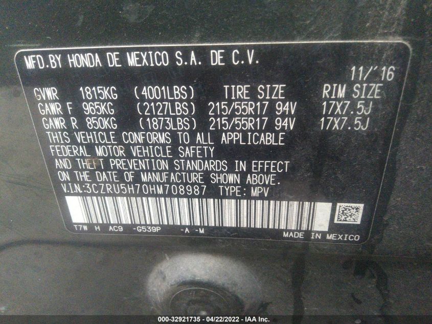 2017 HONDA HR-V EX-L NAVI 3CZRU5H70HM708987