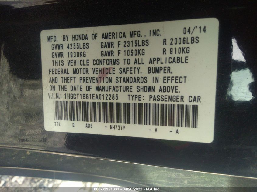 2014 HONDA ACCORD COUPE EX-L 1HGCT1B81EA012285