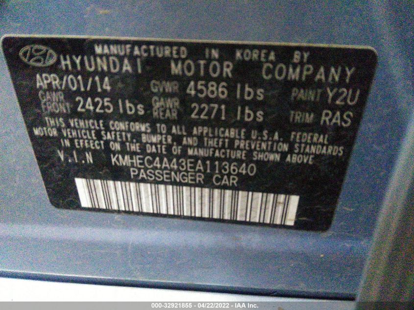 2014 HYUNDAI SONATA HYBRID KMHEC4A43EA113640