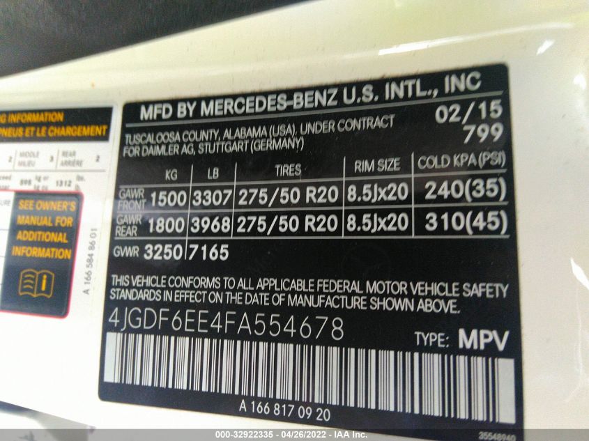 2015 MERCEDES-BENZ GL-CLASS GL 450 4JGDF6EE4FA554678