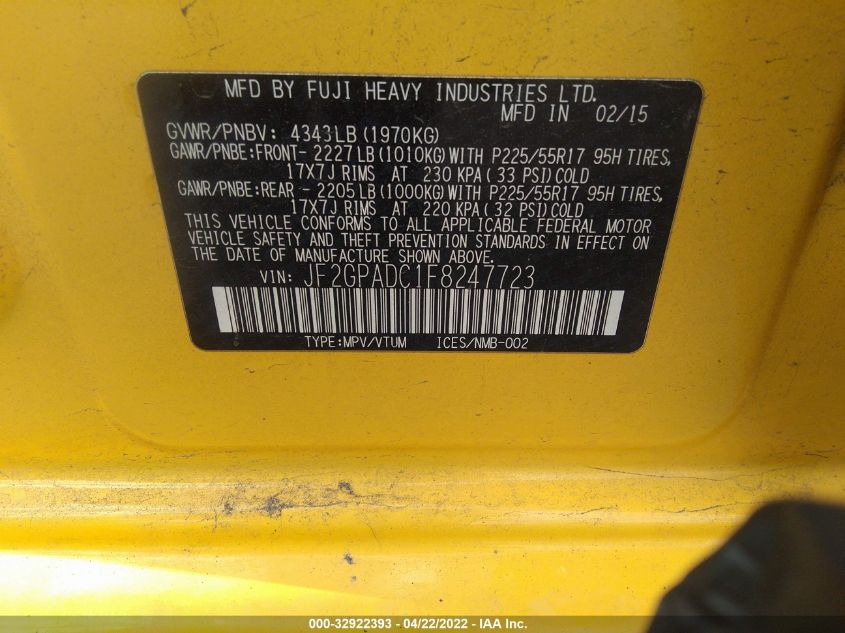 2015 SUBARU XV CROSSTREK PREMIUM JF2GPADC1F8247723