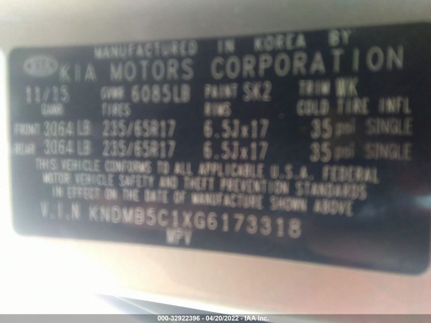 2016 KIA SEDONA LX KNDMB5C1XG6173318