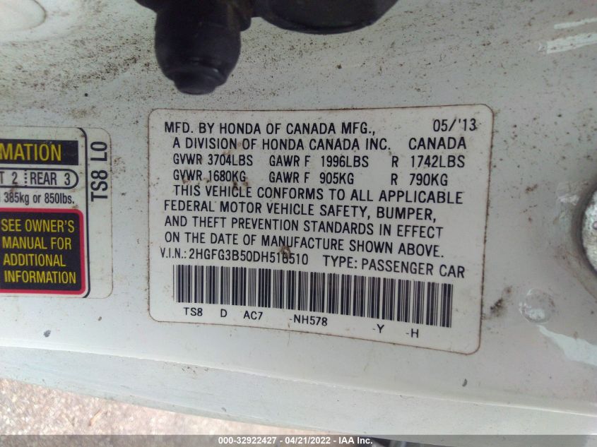 2013 HONDA CIVIC CPE LX 2HGFG3B50DH516510