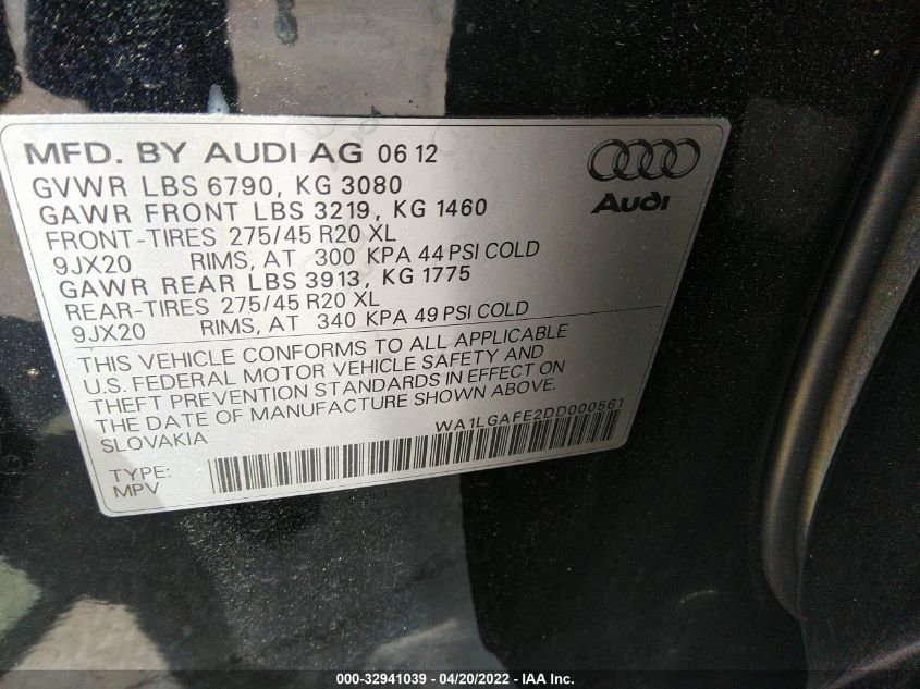 2013 AUDI Q7 3.0T PREMIUM PLUS WA1LGAFE2DD000561