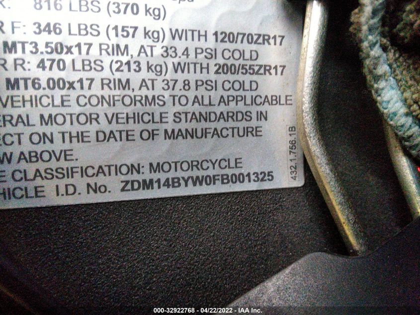2015 DUCATI SUPERBIKE 1299 PANIGALE/S ZDM14BYW0FB001325