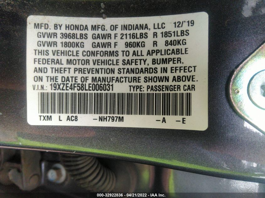 2020 HONDA INSIGHT EX 19XZE4F58LE006031