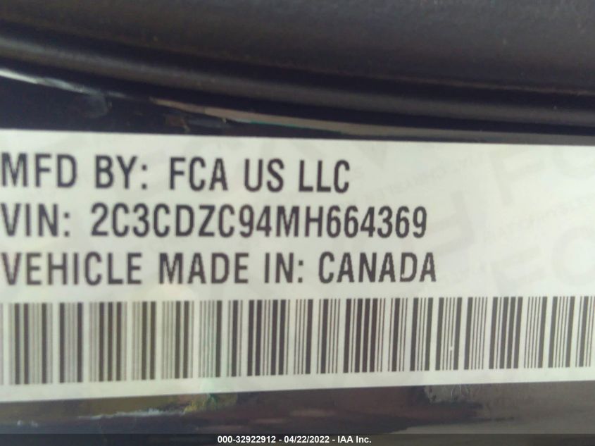2021 DODGE CHALLENGER SRT HELLCAT 2C3CDZC94MH664369