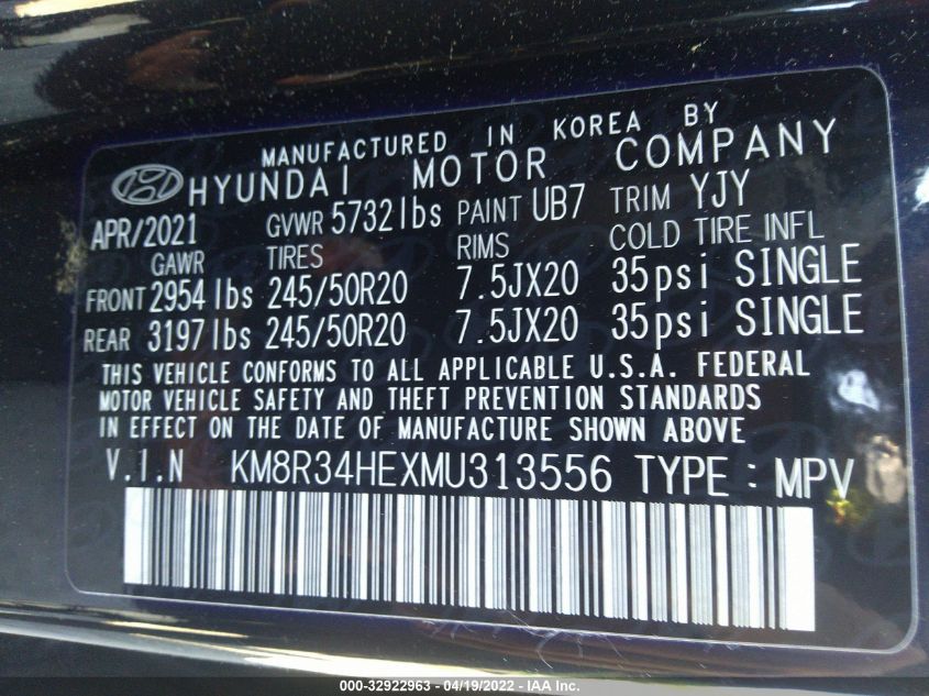 2021 HYUNDAI PALISADE SEL KM8R34HEXMU313556