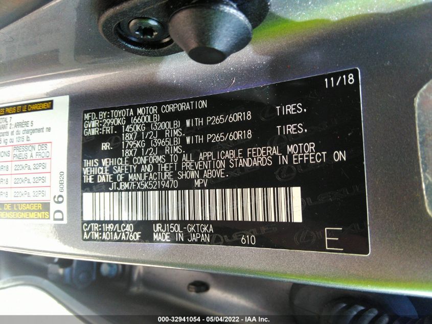 2019 LEXUS GX GX 460 JTJBM7FX5K5219470