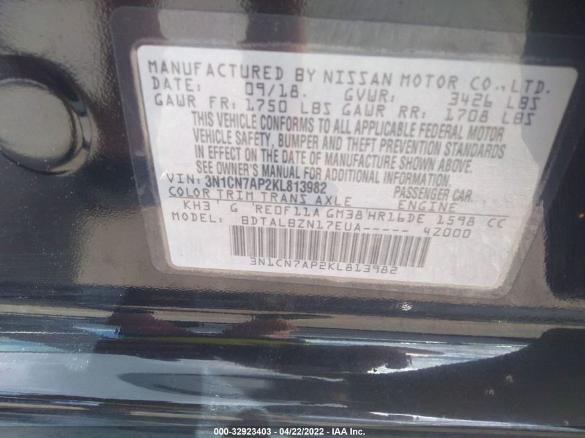 2019 NISSAN VERSA SEDAN SV 3N1CN7AP2KL813982