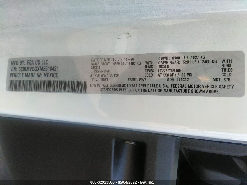 2021 RAM PROMASTER CARGO VAN 3C6LRVDGXME518421