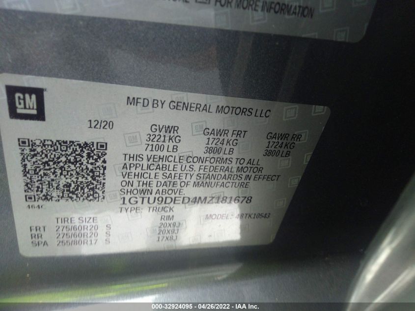2021 GMC SIERRA 1500 SLT 1GTU9DED4MZ181678
